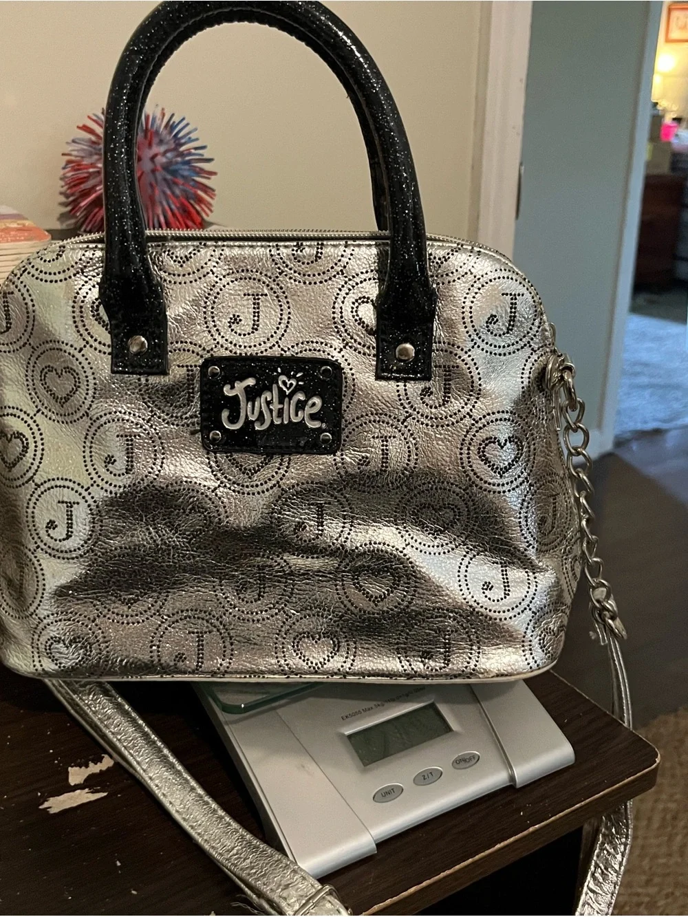 Justice Silver Metallic Heart-Print Satchel with Black Handles